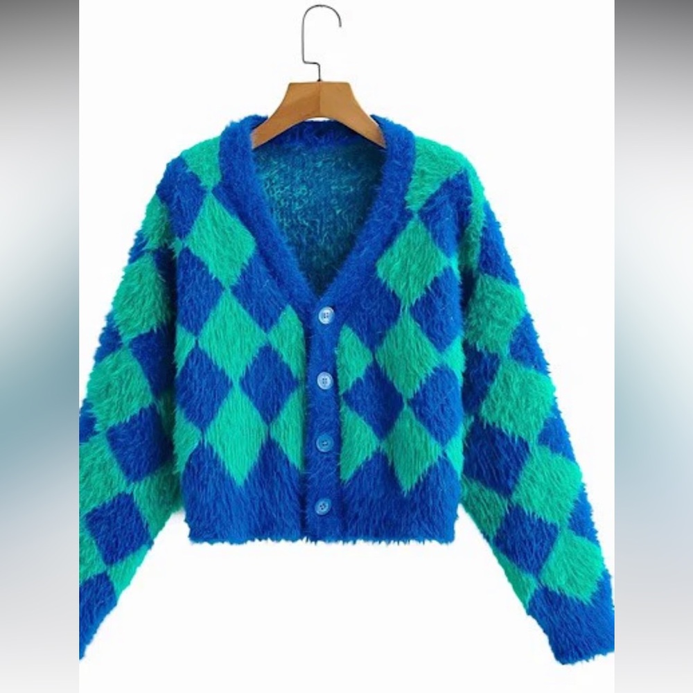 Soft & Fuzzy Green and Blue Harlequin Cardigan (S-XL)